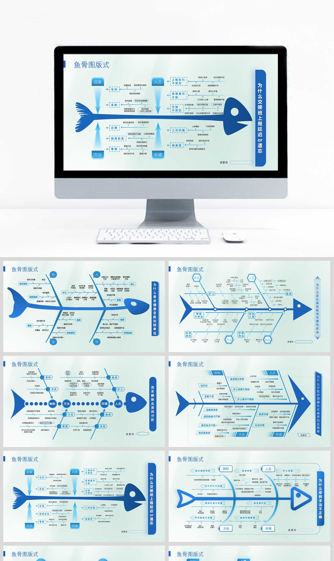 蓝色鱼骨图PPT设计制作美化模板