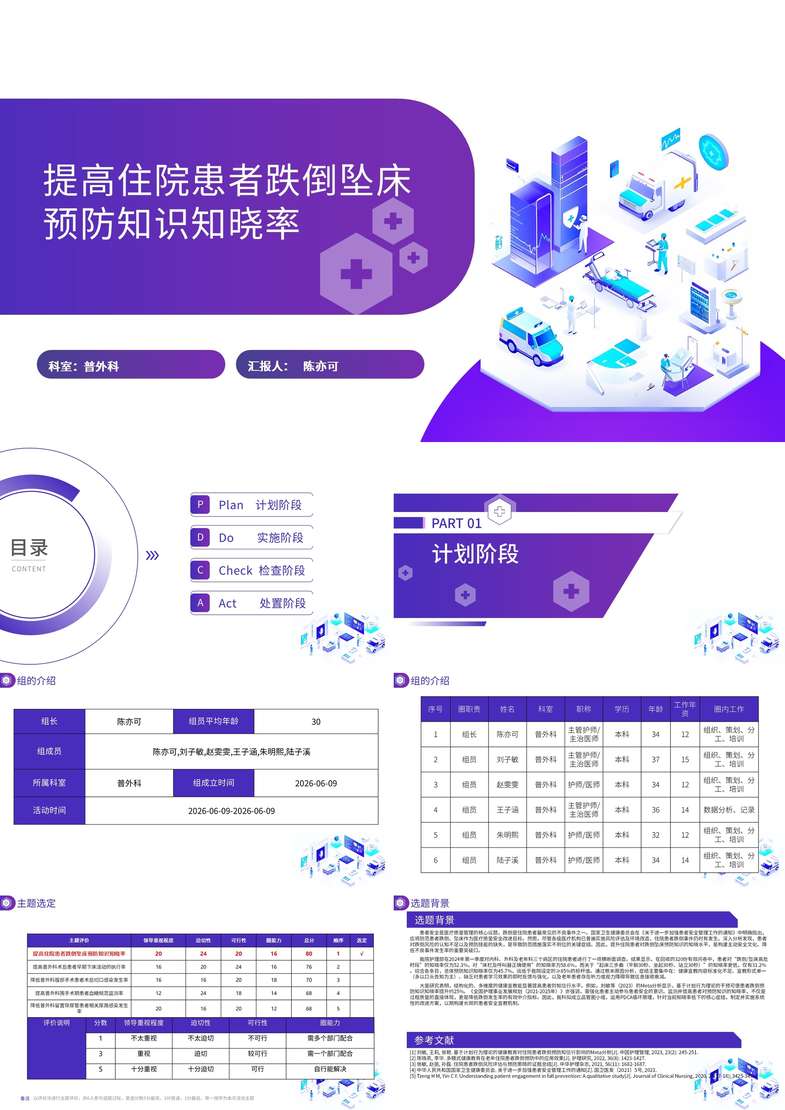 提高住院患者跌倒坠床预防知识知晓率品管圈PDCA PPT模版